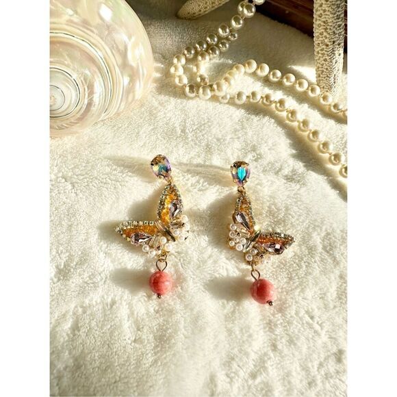 Orange color beaded and iridescent butterfly dangle earrings ￼ - Picture 2 of 3